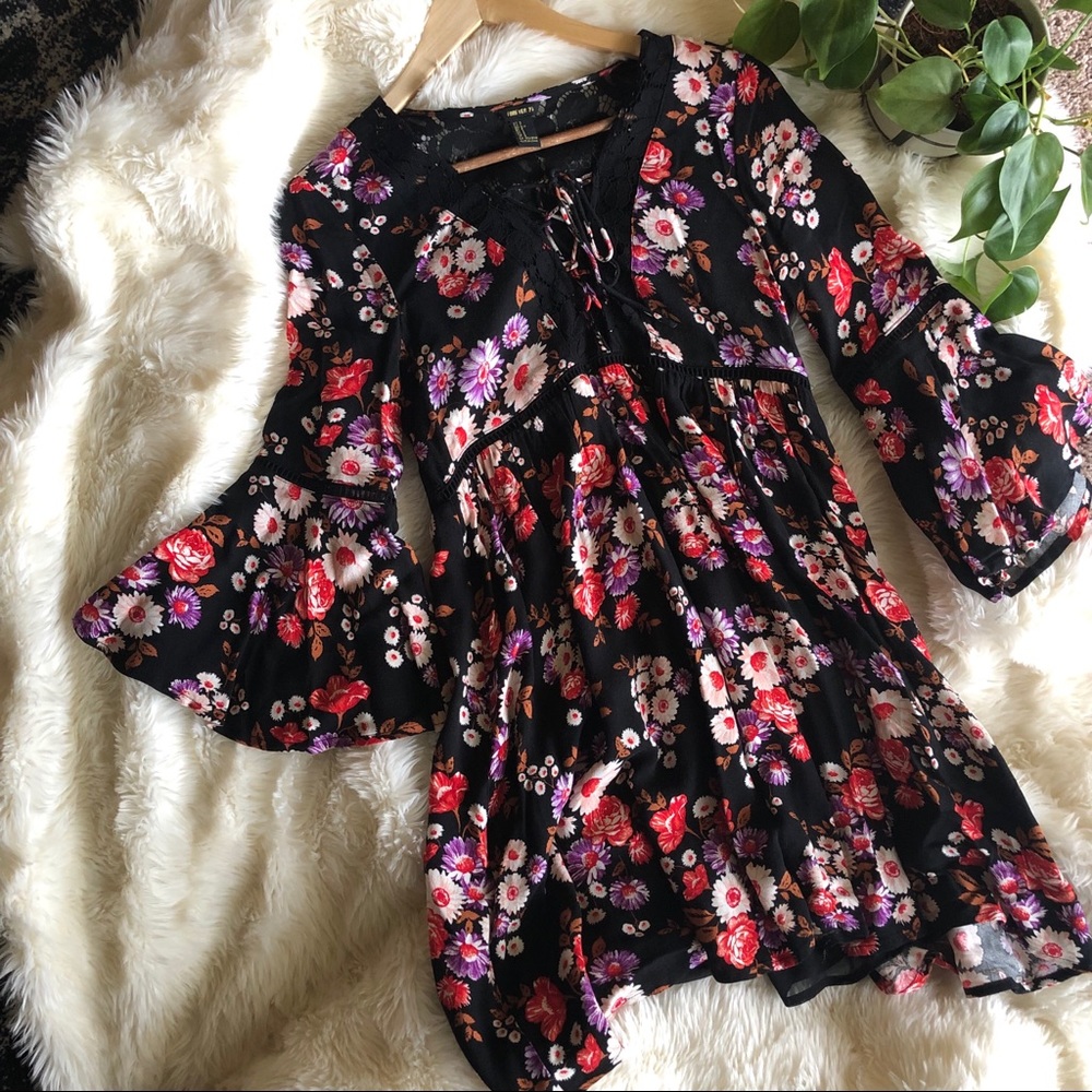 Floral black lace tie front Bell sleeve dress